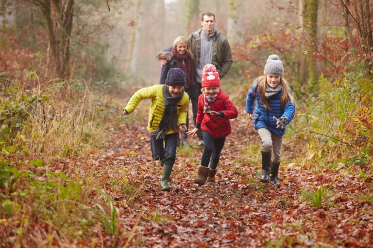 Autumn Family Walk in Donadea Forest Parents and 3 children in winter clothing